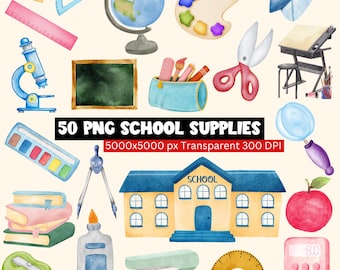 50 PNG School Supplies Clipart, Watercolor Classroom Clipart, Teacher Planner Stickers, Back to School PNG, Education Graphics, 300 DPI