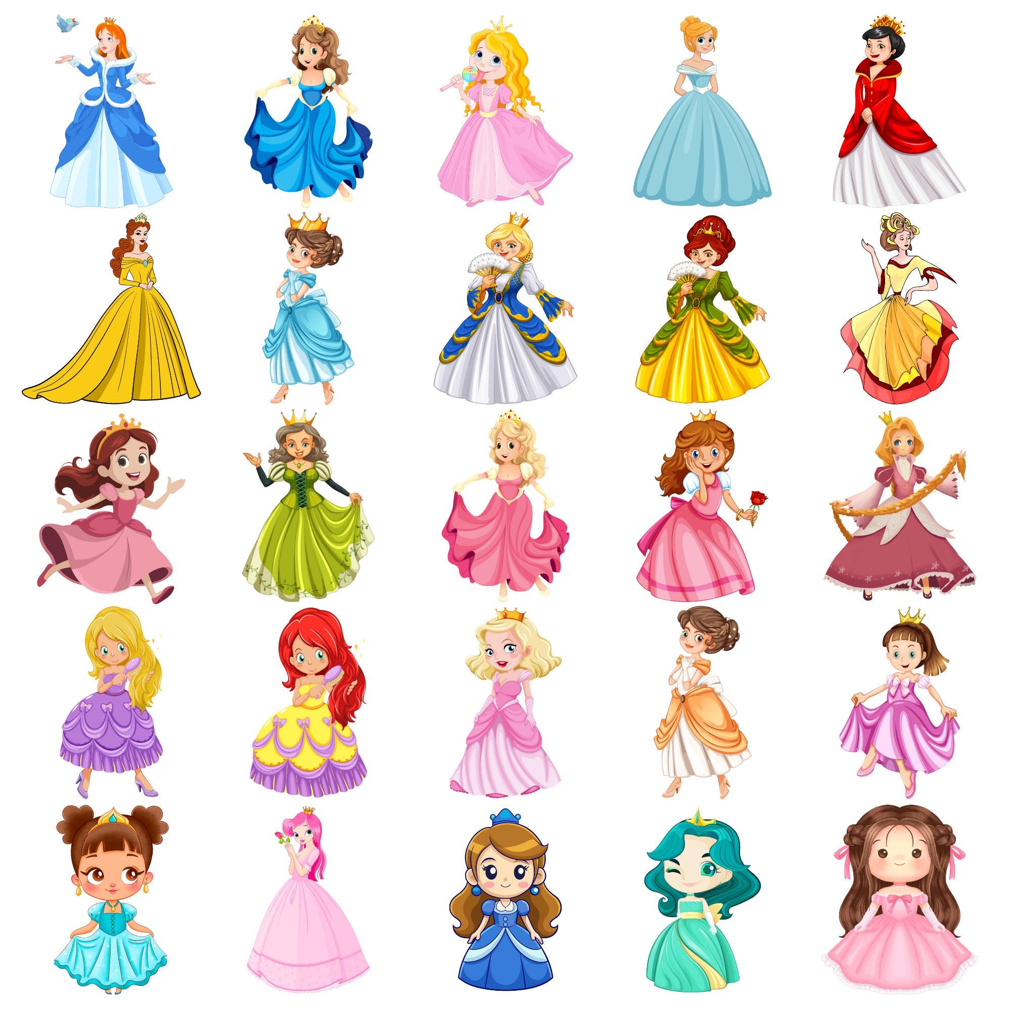 Princess Clipart Set 50 PNG, Cartoon Royal Princesses, Cute Girl Gowns ...