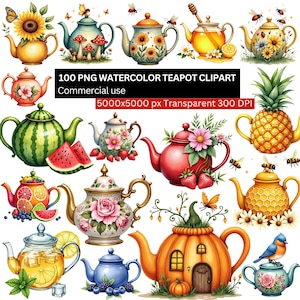 May include: A collection of watercolor teapot clip art images. The teapots feature various designs, including sunflowers, mushrooms, fruit, and floral patterns. The text "100 PNG WATERCOLOR TEAPOT CLIPART Commercial use" is visible.