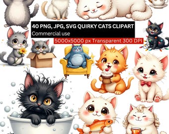 Quirky Cats Clipart Bundle PNG SVG JPG, Cute Cat Illustrations,Kawaii Cat Pvg, Cute Pet Clipart for Stickers & Planners, 5000x5000px 300DPI