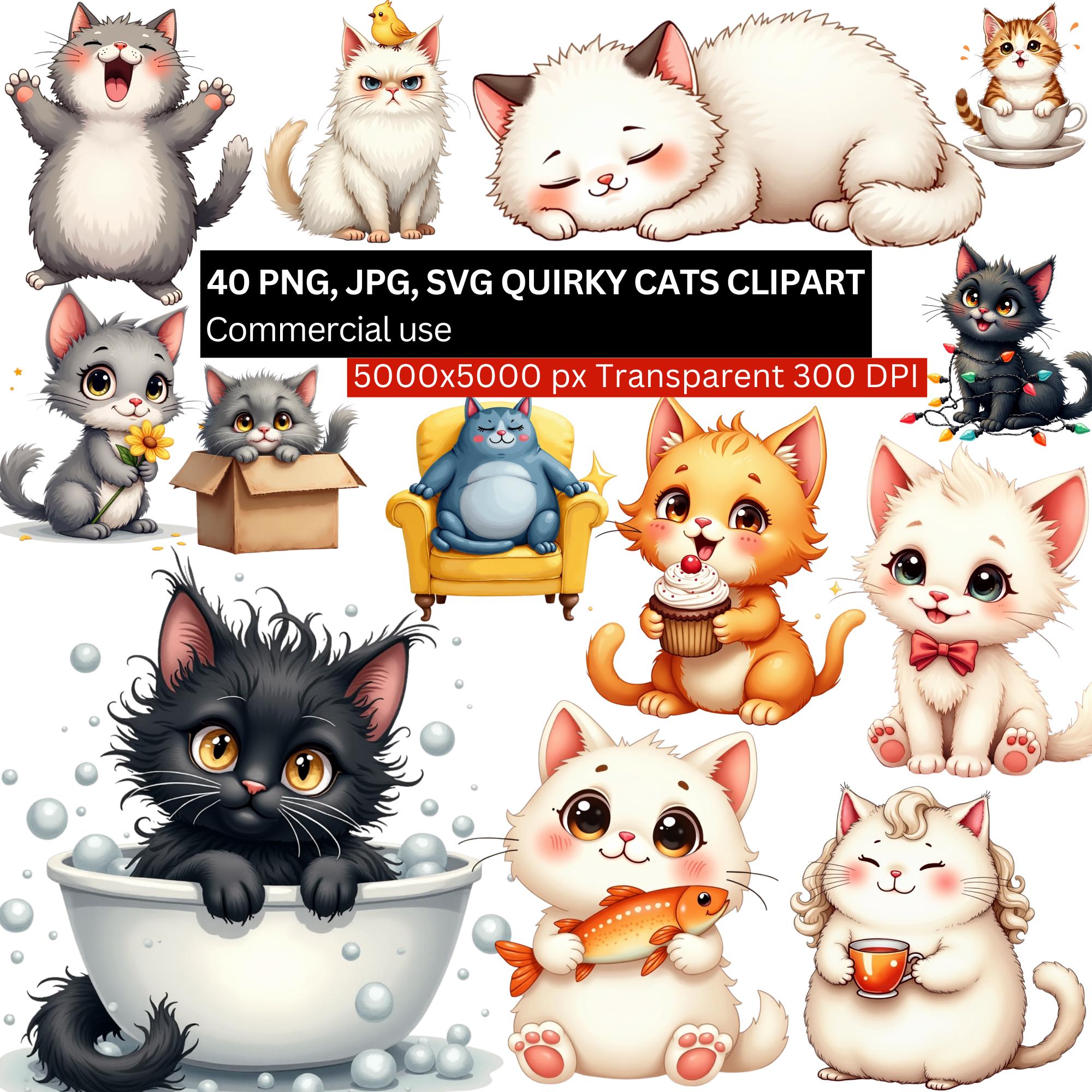 Quirky Cats Clipart Bundle PNG SVG JPG, Cute Cat Illustrations,kawaii ...