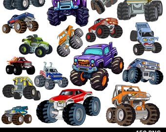 Monster Truck PNG ensemble, 150 Clipart Bundle, Racing Truck PNG, camions de dessin animé tout-terrain, dessins de sublimation numérique transparents