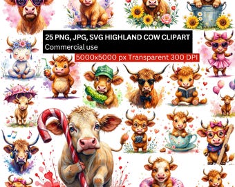25 Clipart di mucche delle Highlands, Pacchetto PNG di mucche carine, Clipart acquerello di vitelli, PNG di animali da fattoria, Clipart di bovini delle Highlands, Disegni di sublimazione di mucche
