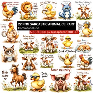 22 sarkastiska djur clipart PNG-paket, roliga bondgårdsdjur med citat, 5000x5000px 300DPI, sublimering för kommersiellt bruk