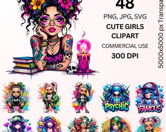 Schattige meisjes png-bundel, kleurrijke esthetische meisjesclipart, stedelijke graffitistijl, 48 png-sublimatieontwerpen voor T-shirts, stickers, bekers