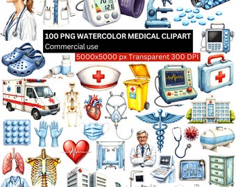 Paquete de imágenes prediseñadas médicas (más de 100 imágenes PNG), gráficos de enfermería, médicos, hospitales y atención médica, sublimación, uso comercial, descarga instantánea.