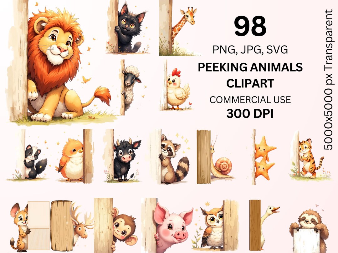 Peeking Animals Clipart Bundle 98 PNG JPG SVG, Cute Safari & Farm ...