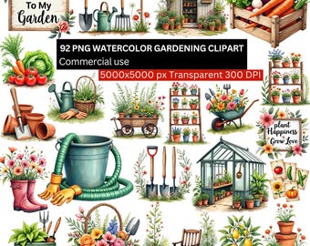 Watercolor Gardening PNG Bundle, 92 Garden Tools & Plants Clipart, Transparent Background, 300 DPI, Instant Download