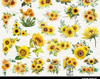 Watercolor Sunflowers PNG, 150 Summer Flower PNG Bundle, Sunflower Borders & Wreaths, Floral Clipart, Sublimation Digital Download