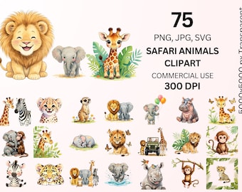 Safari Animals Clipart Bundle PNG SVG JPG, Cute Jungle Animal Clipart, Baby Safari Png, Lion Giraffe Elephant Graphics