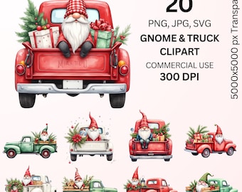May include: Watercolor clipart set featuring gnomes and trucks. The main image shows a red truck with a gnome in the bed, surrounded by gifts and a Christmas tree. Text includes "20 PNG, JPG, SVG GNOME & TRUCK CLIPART COMMERCIAL USE 300 DPI".