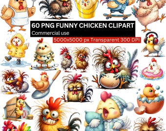 May include: A collection of 60 PNG funny chicken clipart images. The illustrations feature various cartoon chickens in different poses and settings, with text that reads "60 PNG FUNNY CHICKEN CLIPART Commercial use". The images are transparent and 300 DPI.