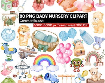 Baby Nursery Clipart, Watercolor Baby PNG Bundle, Newborn Clipart Set, Nursery Decor PNG, Baby Shower Art, Digital Download