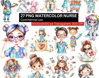 Watercolor Nurse Clipart Bundle, 27 PNG Nurse Illustrations, Medical Healthcare Clip Art, Doctor Sublimation PNG, Digital Download