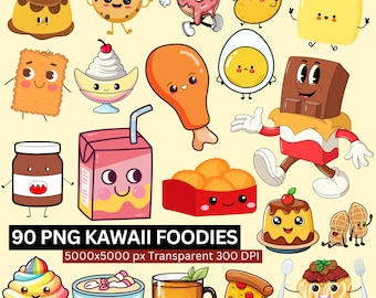 90 Kawaii Food Clipart Bundle, Cute Food PNG, Chibi Snack Digital Download, Cartoon Food Stickers, Transparent Background, 300 DPI