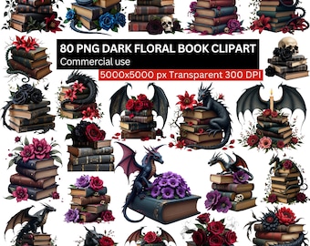 Dark Floral Book Clipart, Gothic Book PNG Bundle, Dragon and Skull Art, Fantasy Watercolor PNG, Book Lover Sublimation, Digital Download