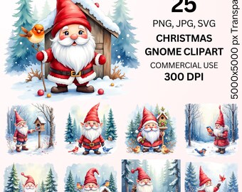 May include: Watercolor Christmas gnome clipart set. The image features a jolly gnome in a red suit and hat, surrounded by birds and a snowy winter scene. Text includes "25 PNG, JPG, SVG CHRISTMAS GNOME CLIPART COMMERCIAL USE 300 DPI".