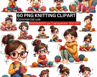 Knitting Clipart PNG Bundle, 60 Cute Girl Knitting Illustrations, Yarn Ball Sublimation Art, Cozy Craft PNG, Transparent Background