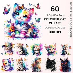 60 Cat PNG Bundle, Colorful & Artistic Cat Designs | 5000x5000px | 300 DPI | Sublimation Clipart for T-Shirts, Mugs, Pillows More