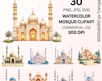 水彩画のモスクのクリップアート集、イスラム教のモスクのPNG SVG、ラマダン・マスジドのイラスト、イード・ムバラクのアート、イスラム建築、商用利用