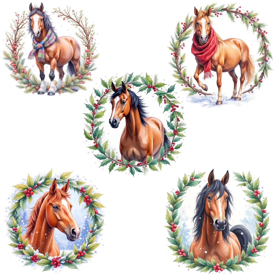 Christmas Horse Clipart Bundle, 40 PNG Watercolor Horse Wreaths, Winter ...