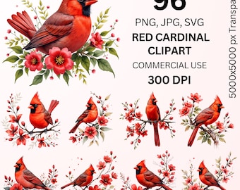 Red Cardinal Clipart Bundle, 96 Cardinal Bird PNG JPG SVG, Watercolor Cardinal with Flowers, Winter Bird Clipart, Floral Bird Illustrations