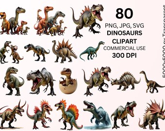 Dinosaur Clipart Bundle, Dinosaur PNG SVG JPG, T Rex Clipart, Prehistoric Animal Graphics, Kids Dinosaur Clipart, Commercial Use