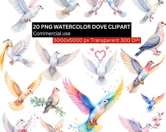 Bundle de cliparts aquarelle colombe, 20 illustrations PNG de colombe de la paix, mariage colombe des cliparts, sublimation d'oiseaux d'amour PNG, téléchargement numérique