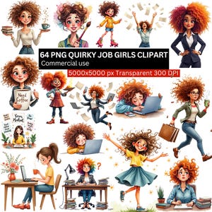 May include: A set of 14 digital illustrations depicting women in work-related settings. The images showcase women with curly red hair, using laptops, and carrying briefcases. Text on the image reads "64 PNG QUIRKY JOB GIRLS CLIPART" and "Need Coffee".