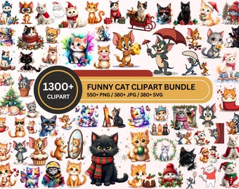 Funny Cat Clipart Bundle 1300+ PNG JPG SVG, Cute Cat Illustrations, Cartoon Cat Graphics, Kawaii Cats, Commercial Use