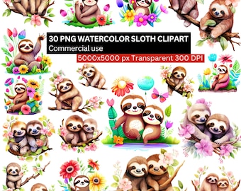 Watercolor Sloth Clipart Bundle, 30 PNG Cute Sloth Illustrations with Flowers, Jungle Animal Sublimation PNG, Digital Download