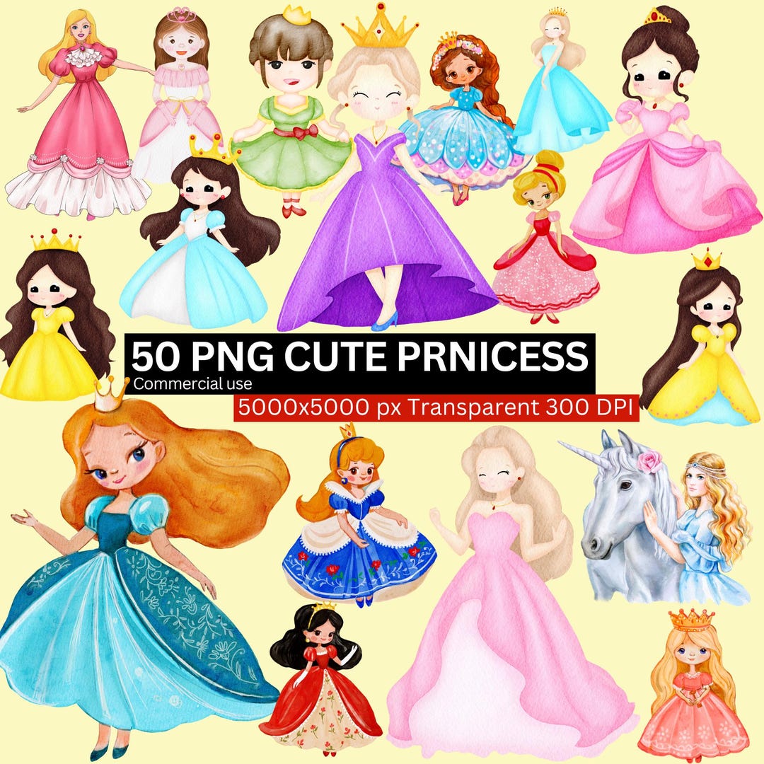 Cute Watercolor Princess Clipart Bundle, 50 PNG Royal Girls, Fairy Tale ...