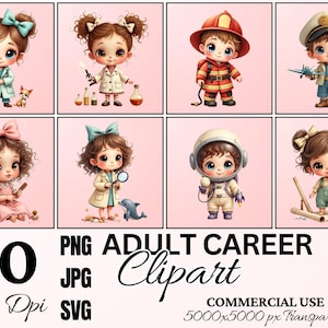 Puede incluir: Una colección de ocho ilustraciones digitales con personajes de estilo chibi en varios roles profesionales, incluyendo veterinario, científico, bombero, piloto, esteticista, biólogo marino, astronauta y arquitecto sobre un fondo rosa.