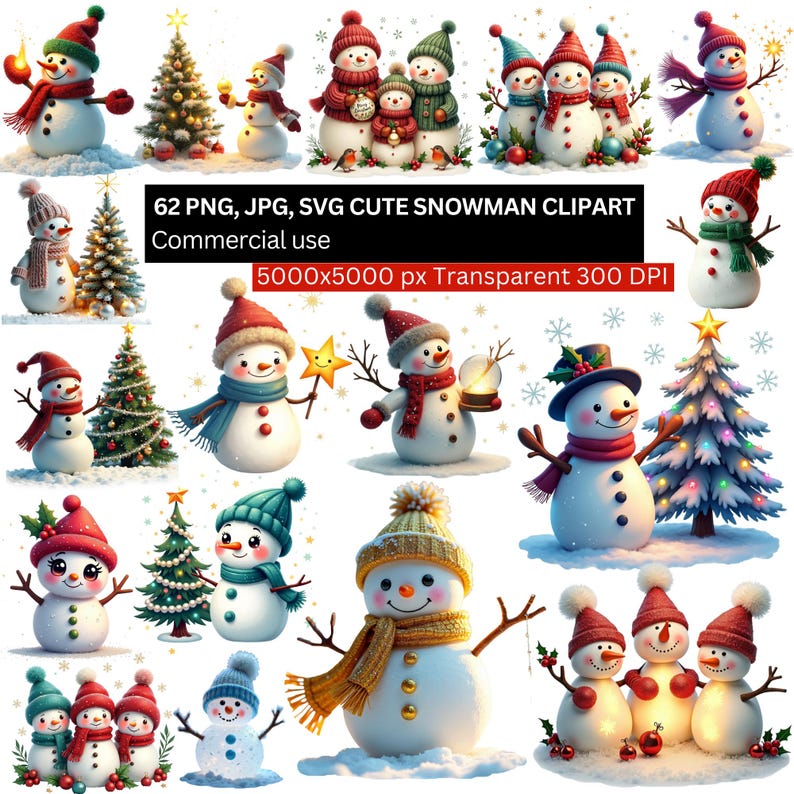 Snowman Types 62 Cute Snowman Clipart PNG JPG SVG Bundle, Christmas Winter Snowman ...