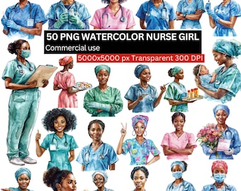 Watercolor Nurse Clipart, Nurse Girl PNG Bundle, Medical Woman Art, Doctor and Nurse PNG, Healthcare Clipart, Digital Download