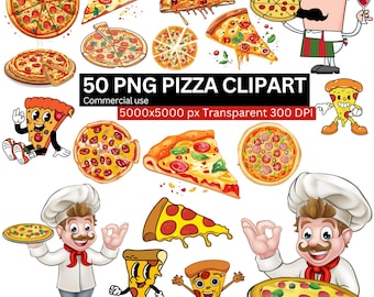 50 PNG Pizza Clipart Bundle, Cartoon Pizza Slice Chef Illustrations, Food Drink Digital Download, 5000x5000px 300DPI Transparent Files