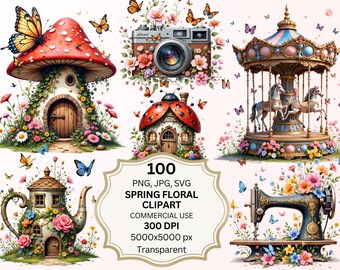 Spring Floral Clipart Bundle, Watercolor Flower PNG SVG JPG, Cottagecore Mushroom House Clipart, Butterfly Vintage Graphics Commercial Use