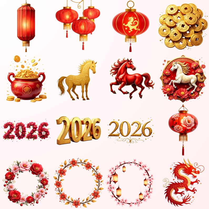 various Chinese New Year symbols and decorations, including lanterns, coins, a horse, a dragon, a wreath, and a number.