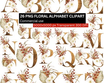 26 png-bloemenletters, aquarel alfabet clipart, boho monogram png, botanische initialen, rustiek bloemenlettertype, AZ letters clipart