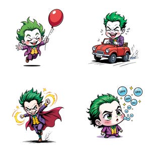 four distinct illustrations of a young boy with green hair, each depicting a different scene or action related to the Joker character from the Batman universe.