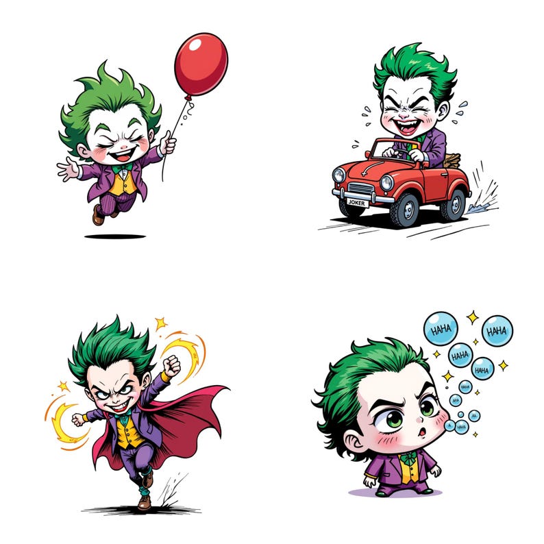 four distinct illustrations of a young boy with green hair, each depicting a different scene or action related to the Joker character from the Batman universe.
