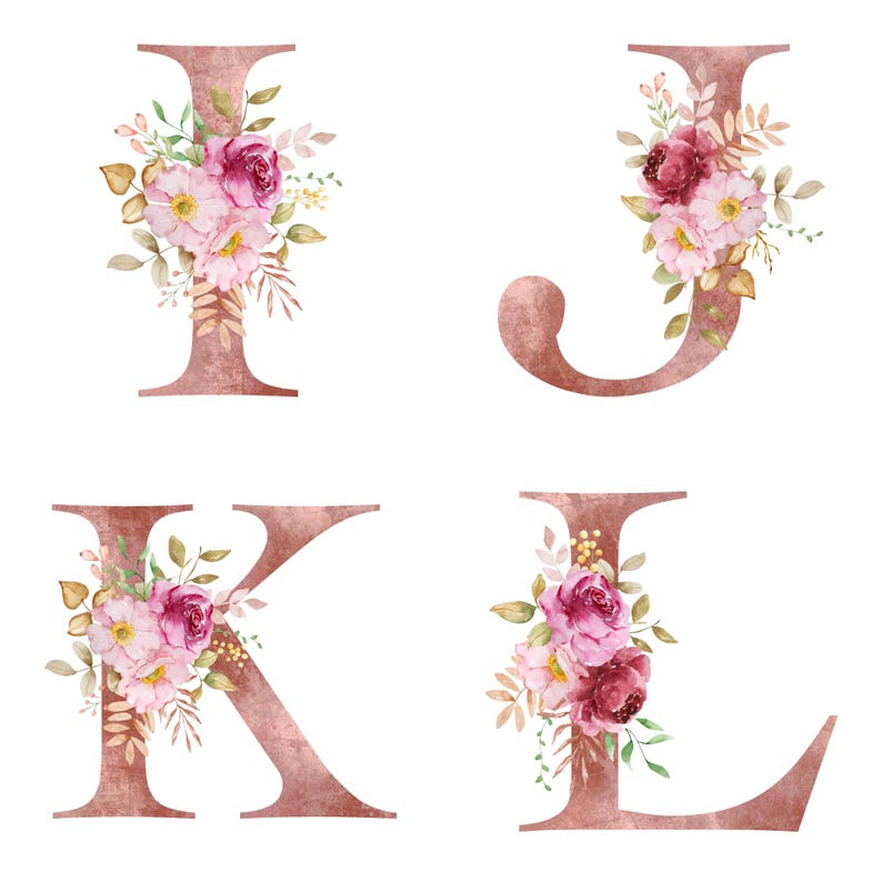 Christmas Floral Alphabet Clipart, Rose Gold Letter PNG Bundle, Floral ...
