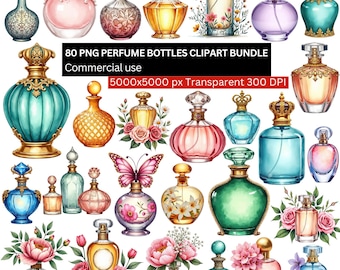 May include: A collection of watercolor perfume bottles in various shapes and colors, including pink, blue, gold, and green. Some bottles feature floral and butterfly accents. The image includes text that reads "80 PNG PERFUME BOTTLES CLIPART BUNDLE Commercial use".
