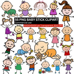 May include: A set of 55 PNG baby stick clipart illustrations. The images depict smiling babies and toddlers in different poses and outfits. The image text reads "55 PNG BABY STICK CLIPART Commercial use 5000x5000 px Transparent 300 DPI".