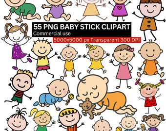 Baby Stick Figure Clipart Bundle, 55 PNG Cute Baby Stick Kids Illustrations, Child Stick People Clipart, Sublimation PNG, Digital Download