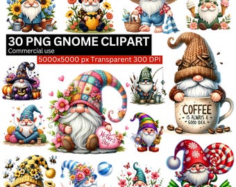 Paquete de 30 imágenes prediseñadas de gnomos PNG, adorables gnomos navideños, ilustraciones navideñas de Halloween y jardines de café, transparente, 5000 x 5000 px, 300 DPI