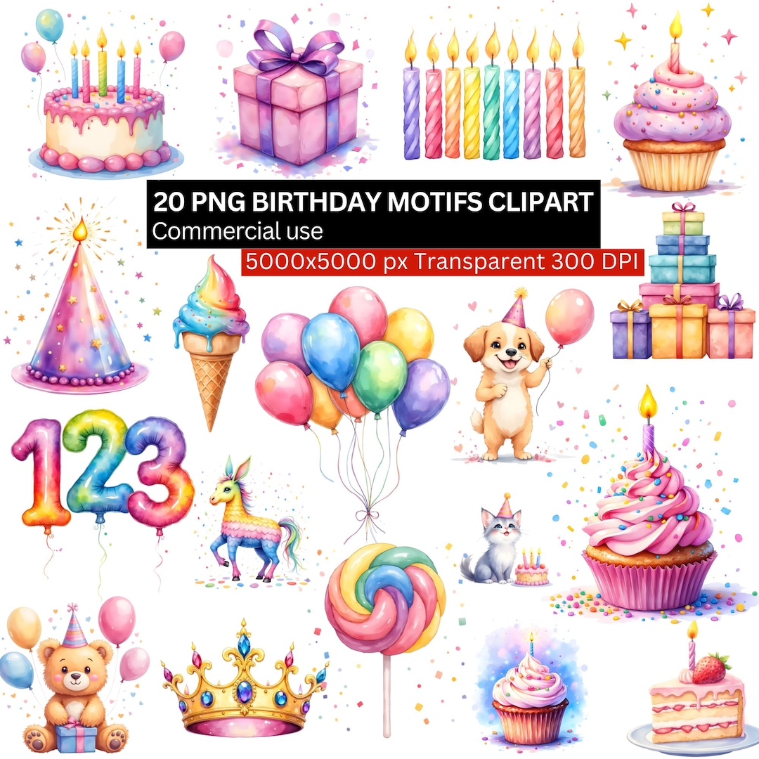 Birthday Clipart Bundle, 20 PNG Birthday Party Illustrations, Balloons ...