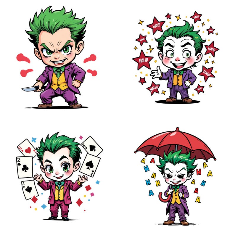 four cartoon-style illustrations of a young boy with green hair, dressed in a suit and holding a knife. The illustrations depict the boy in various poses and settings, surrounded by stars and other elements.