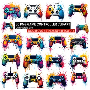 Könnte beinhalten: Eine Sammlung von 16 farbenfrohen Gamecontroller-Cliparts. Jeder Controller hat ein einzigartiges Aquarelldesign mit leuchtenden Farben wie Blau, Gelb, Rot und Grün. Der Text "85 PNG GAME CONTROLLER CLIPART" ist zu sehen.