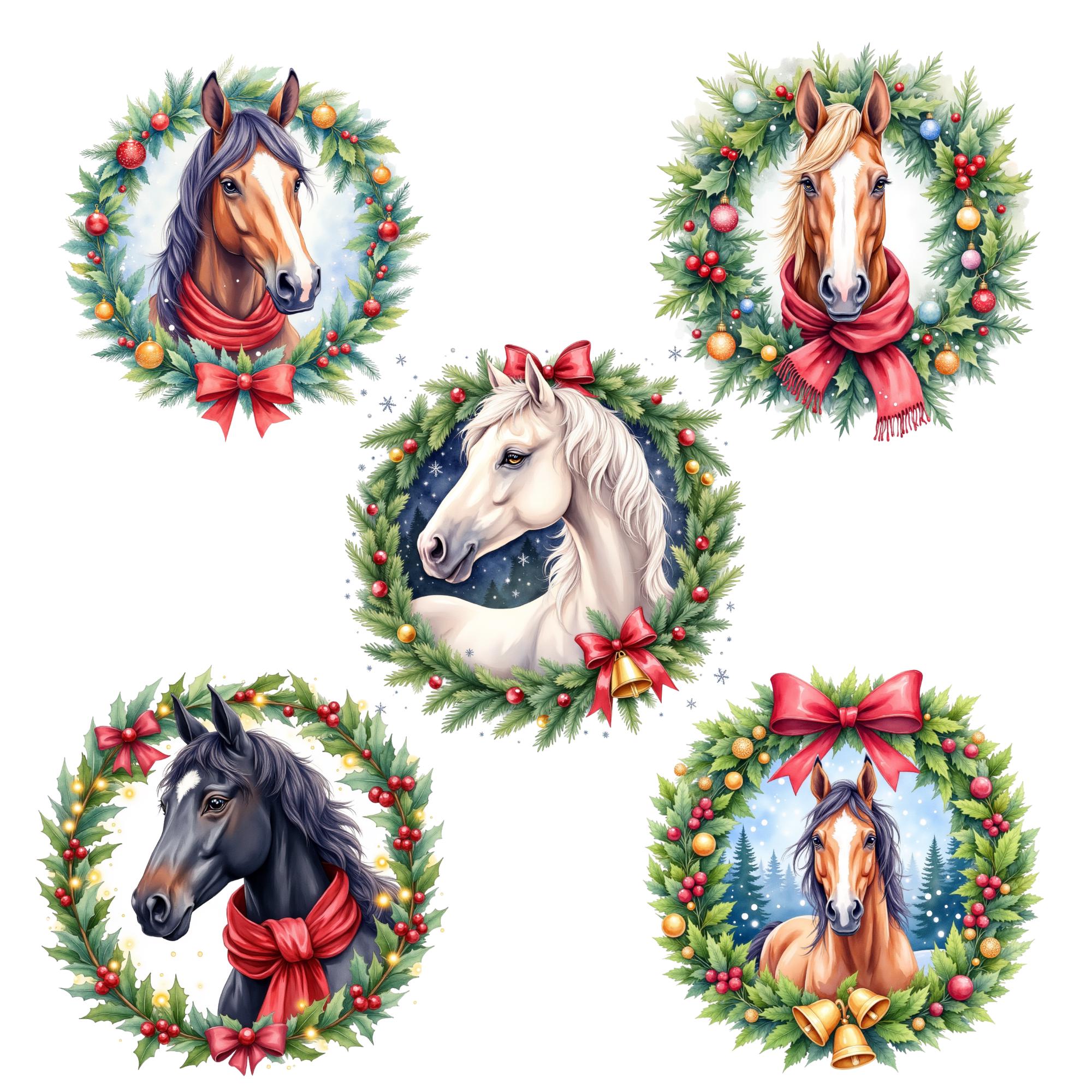 Christmas Horse Clipart Bundle, 40 PNG Watercolor Horse Wreaths, Winter ...